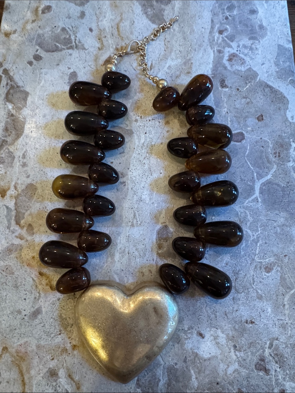 Heart Pendant Necklace with Amber-Brown Beads